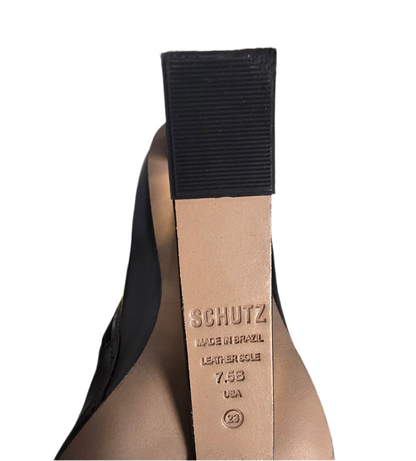 Schutz Filipa Bootie – Black Leather with Gold Cutout Heel – Size 7.5B (USA)