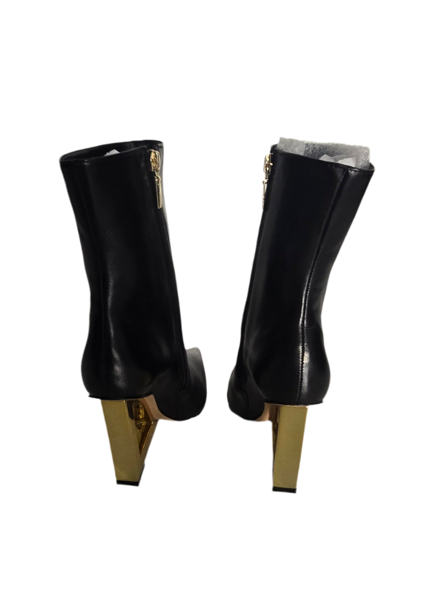 schutz filipa bootie – black leather with gold cutout heel – size 7.5b (usa)