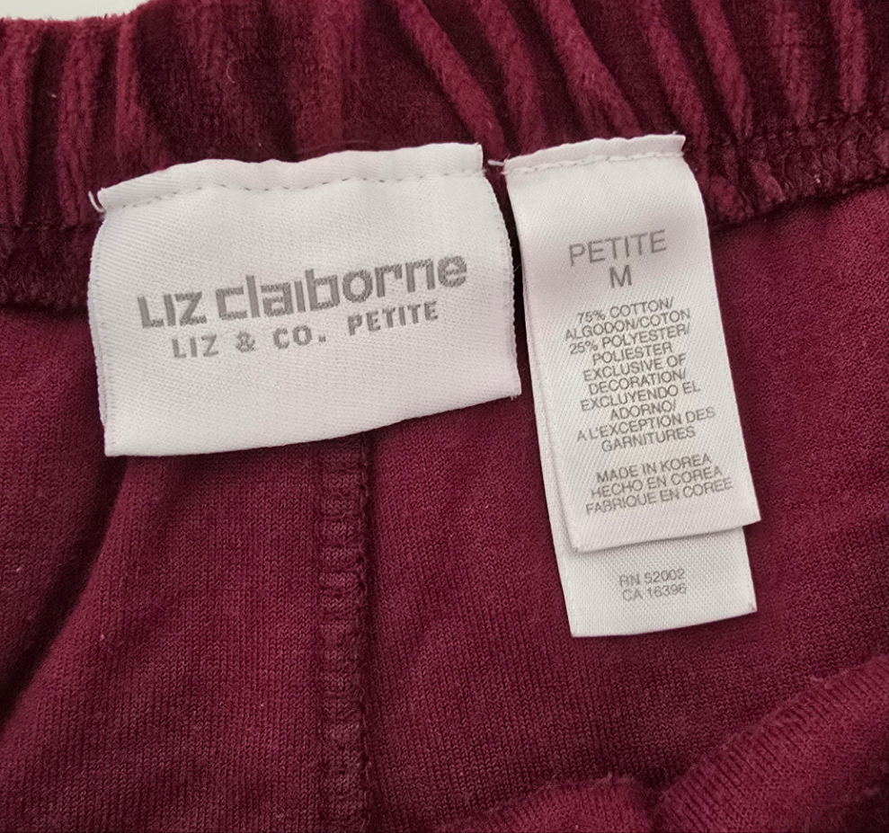 liz claiborne velvet lounge pants - petite m - burgundy