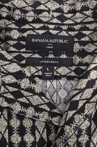Banana Republic Men’s Linen Blend Short Sleeve Shirt – Black/Beige Geometric – Size L
