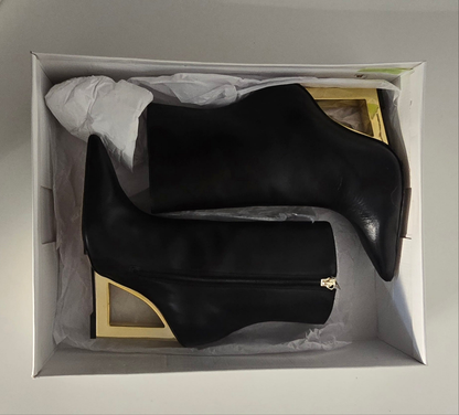 Schutz Filipa Bootie – Black Leather with Gold Cutout Heel – Size 7.5B (USA)