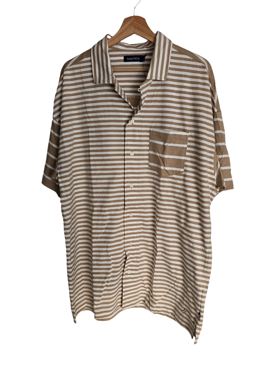 Nautica Men’s Short-Sleeve Striped Button-Up Shirt – Size L – Beige & White