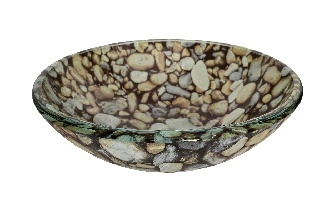 decorative glass vessel sink – river rock pattern (round bowl)