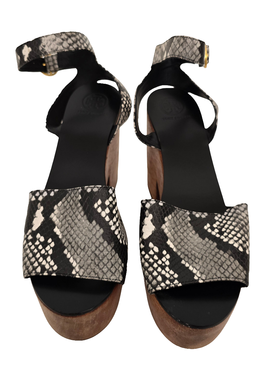 tory burch black snakeskin platform sandals – size 7.5m (excellent condition)