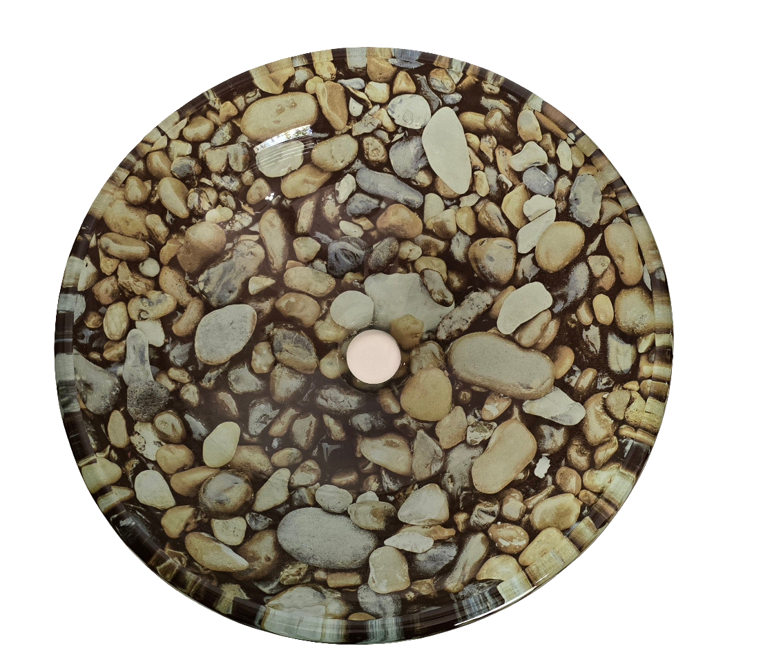 decorative glass vessel sink – river rock pattern (round bowl)