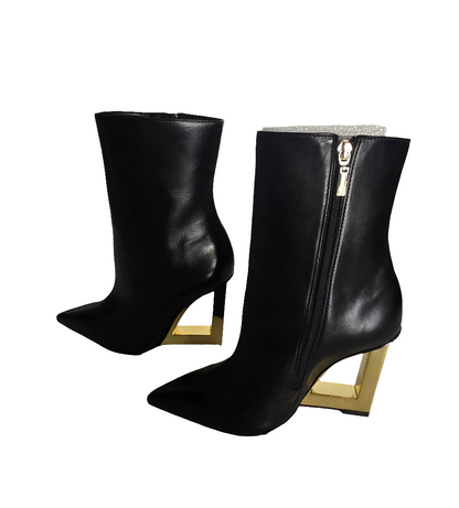 Schutz Filipa Bootie – Black Leather with Gold Cutout Heel – Size 7.5B (USA)