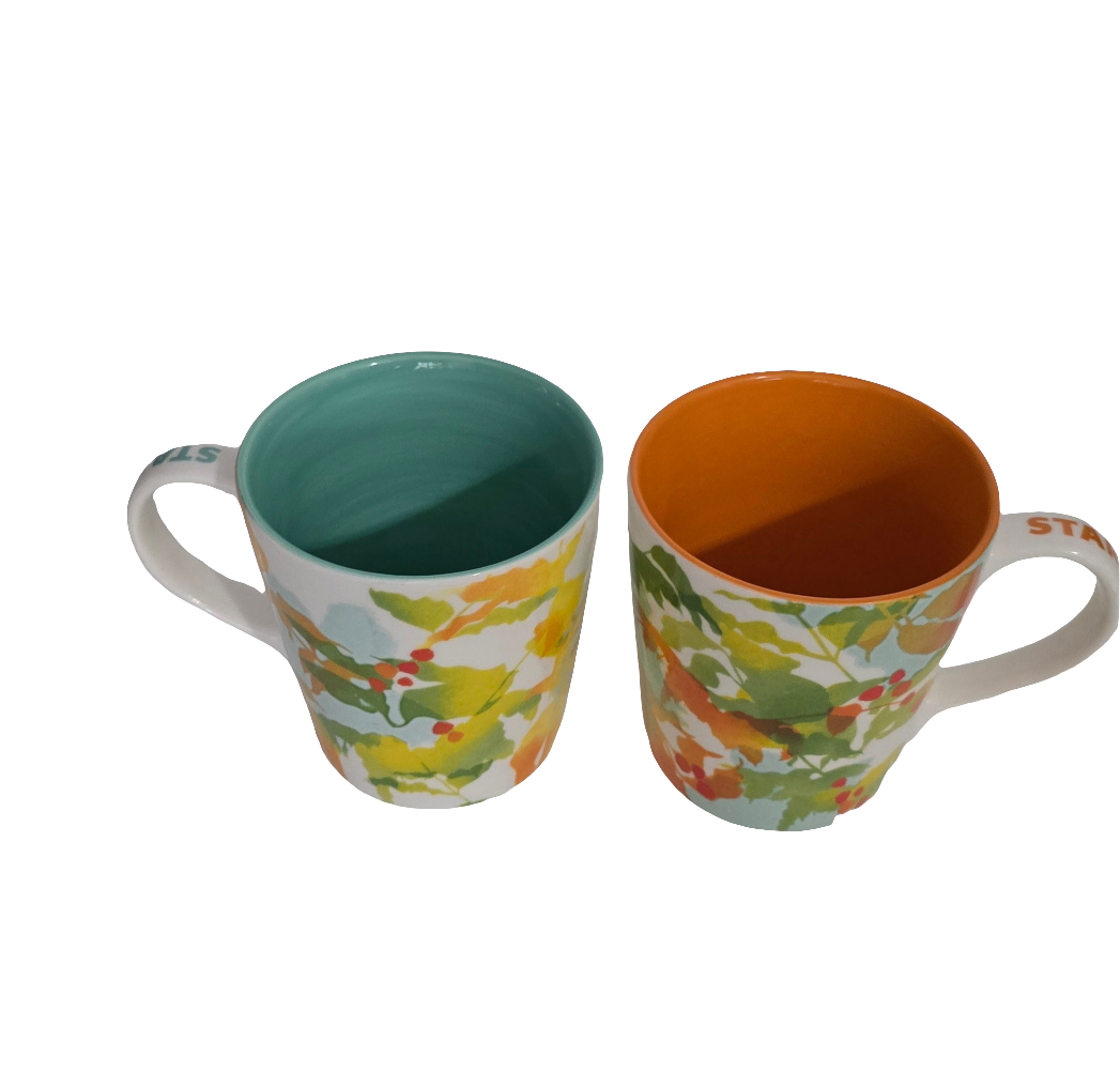starbucks coffee mug set (2pcs) 2008 holiday berry leaf design – collectible ceramic cups