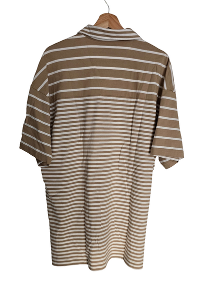 Nautica Men’s Short-Sleeve Striped Button-Up Shirt – Size L – Beige & White
