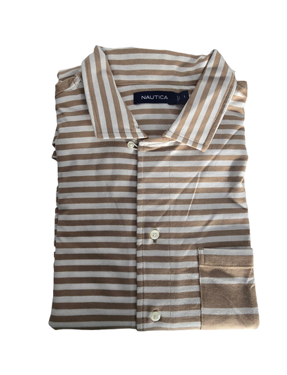 Nautica Men’s Short-Sleeve Striped Button-Up Shirt – Size L – Beige & White