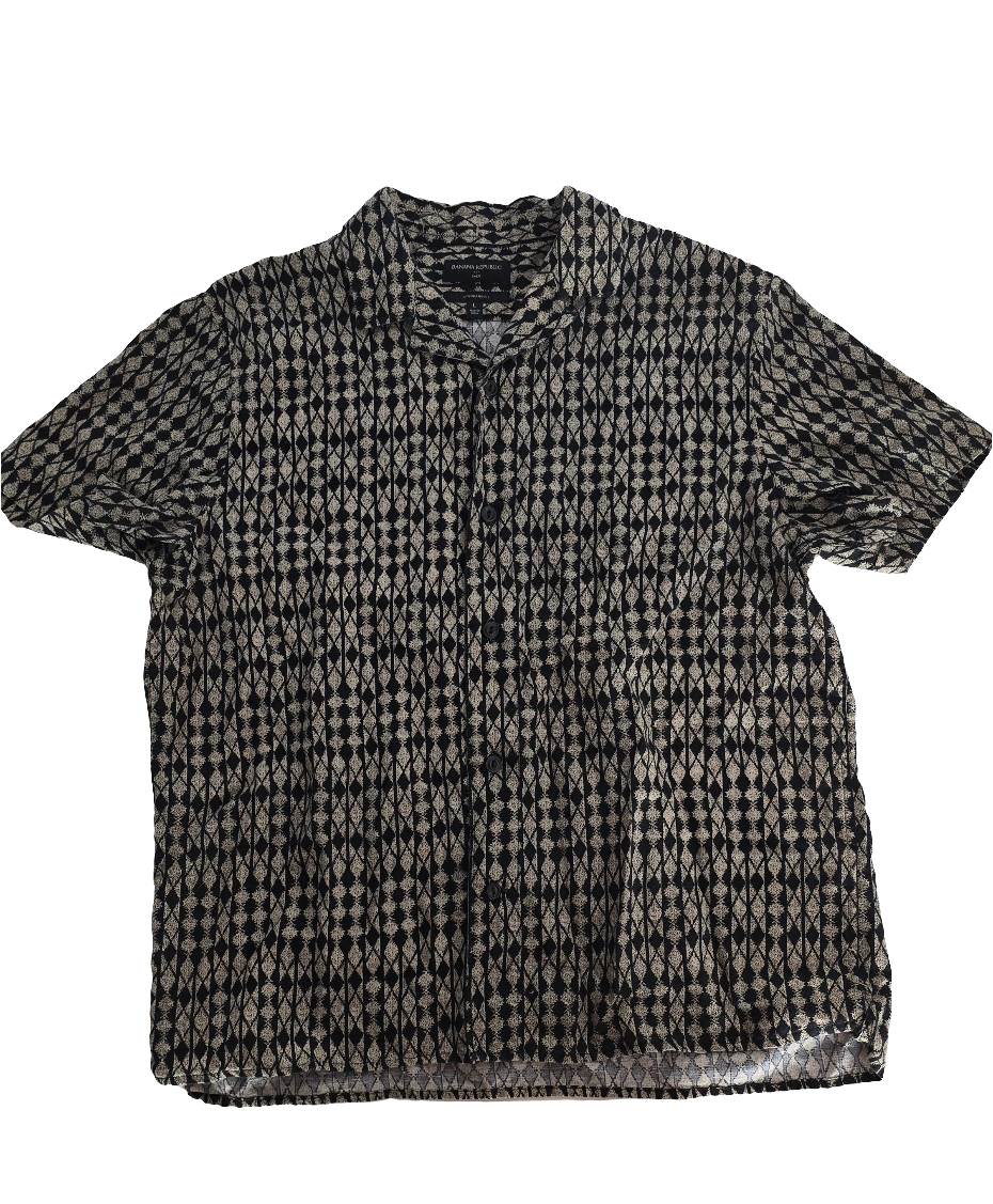 banana republic men’s linen blend short sleeve shirt – black/beige geometric – size l