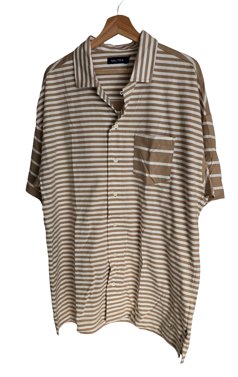 nautica men’s short-sleeve striped button-up shirt – size l – beige & white
