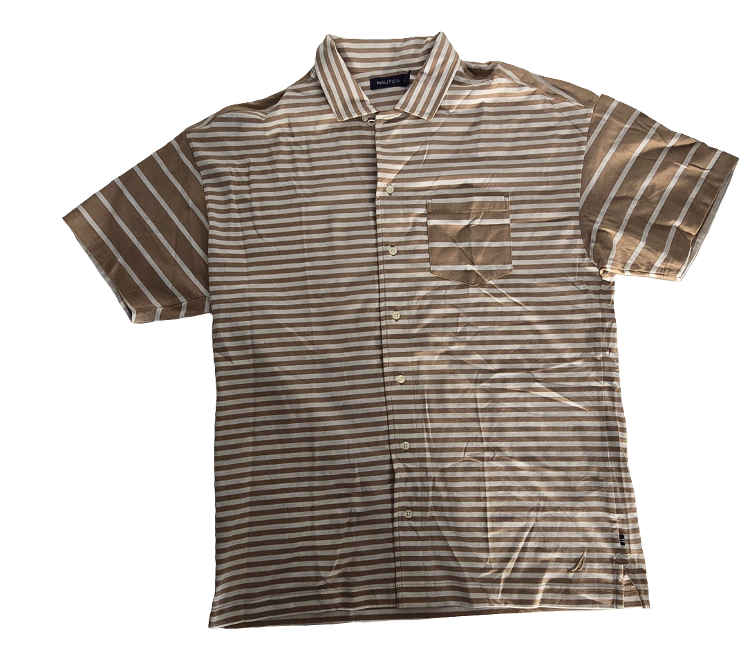 nautica men’s short-sleeve striped button-up shirt – size l – beige & white