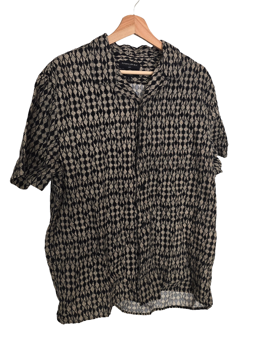 banana republic men’s linen blend short sleeve shirt – black/beige geometric – size l