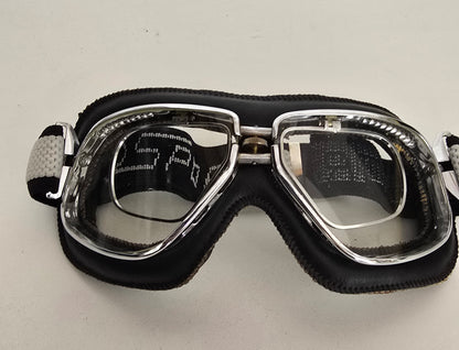 Vintage Motorcycle Goggles – Black Leather Padding & Chrome Frame