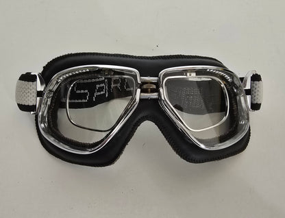 Vintage Motorcycle Goggles – Black Leather Padding & Chrome Frame